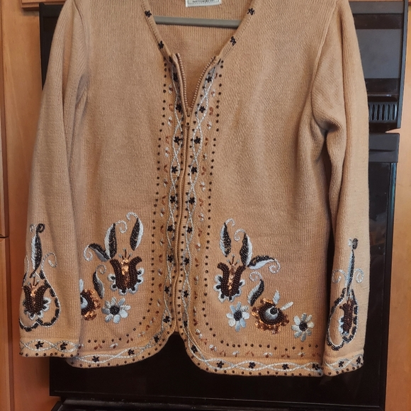 Storybook zip sweater highly detailed beading trim beige tan medium - Picture 4 of 5